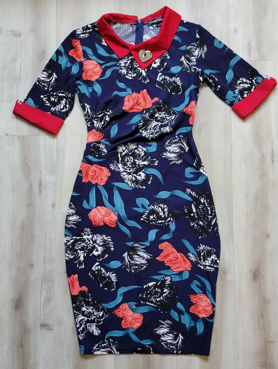 Oxiuly Fashion Dresses & Skirts - Oxiuly Fashion Floral Midi Bodycon Dress with Red Peter Pan Collar - Size S